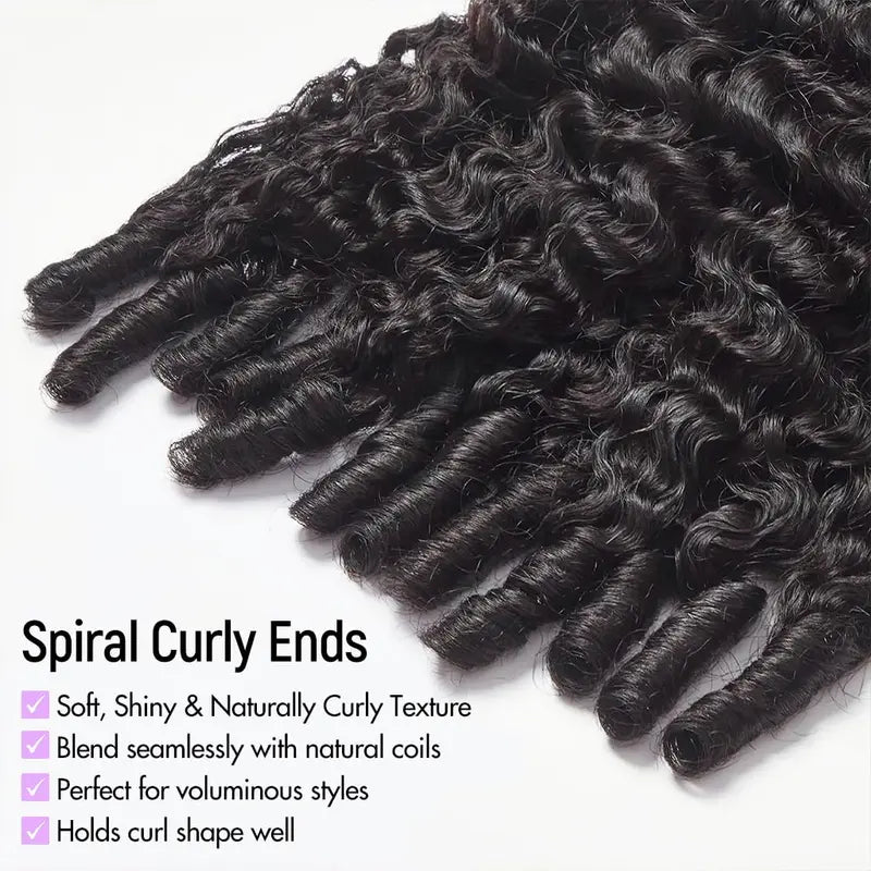 Burmese Curly Half Wig details - invisible seamless flip over hairline, pre curled 100% human hair, spiral curl ends