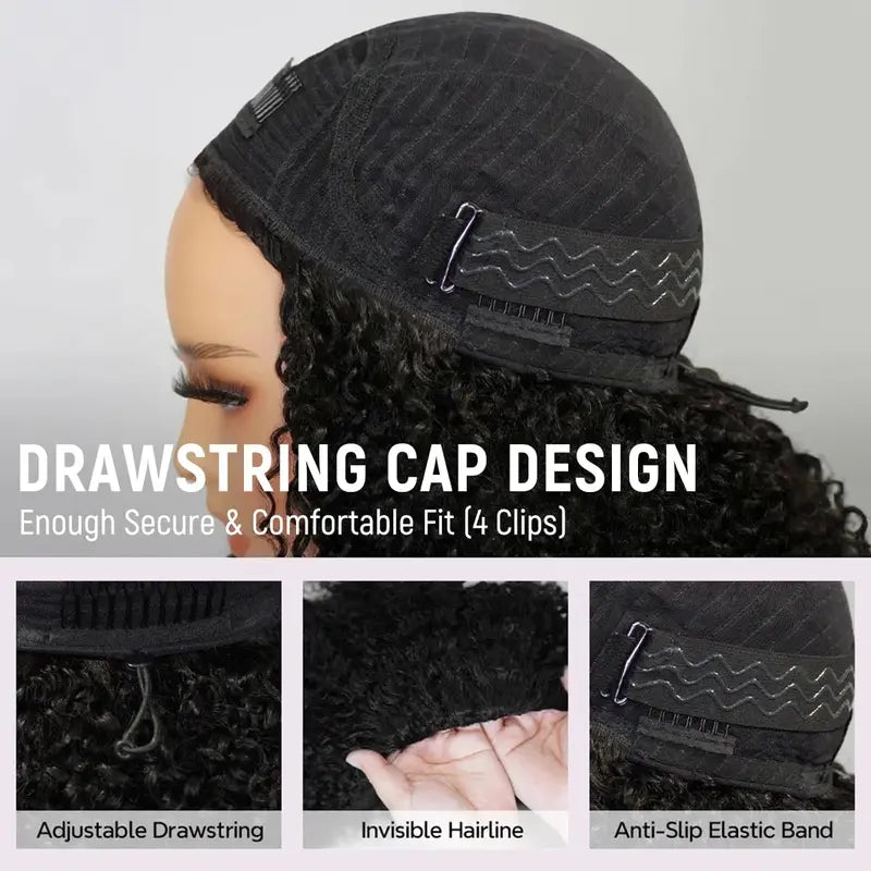 Drawstring cap design with 4 clips - adjustable drawstring, invisible hairline, anti-slip elastic band